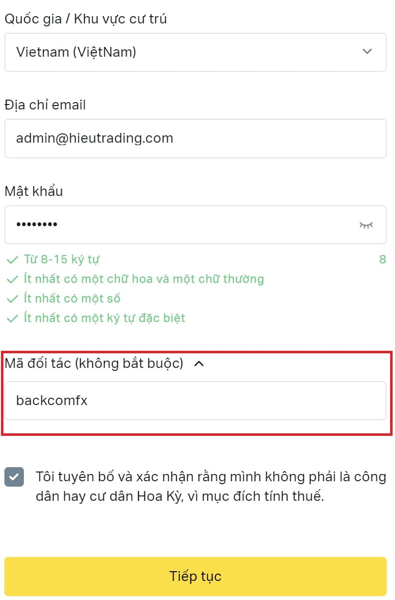 Mẫu đăng ký tài khoản exness nhận backcomfx