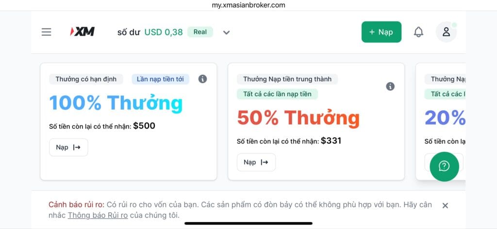 chương trình bonus 100% nạp tiền XM