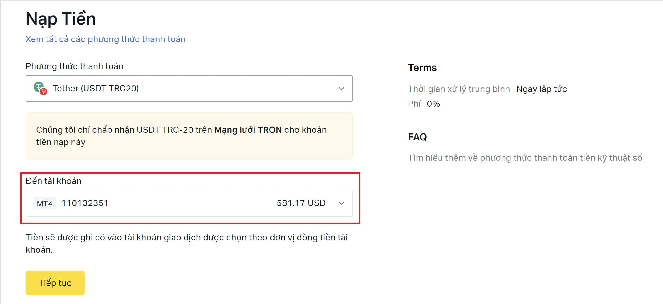 Lựa chọn tài khoản nạp tiền USDT
