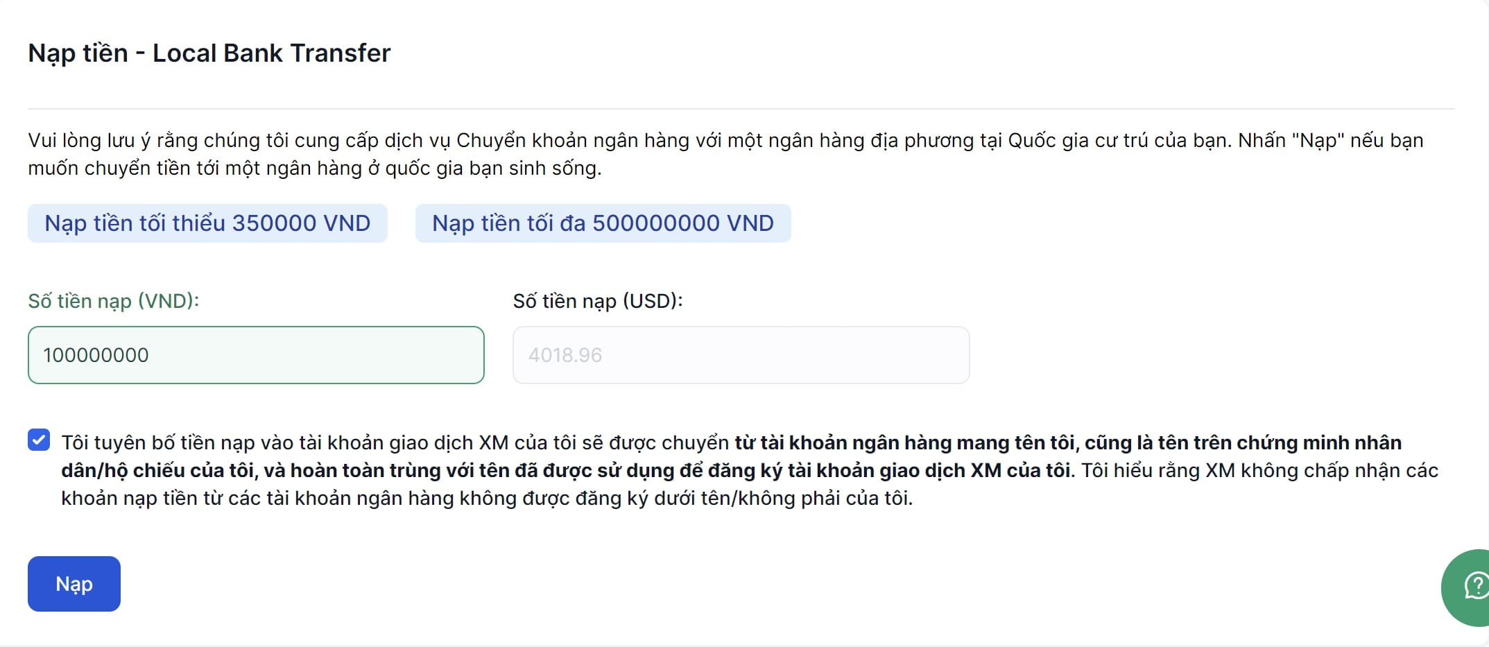 Nạp tiền XM