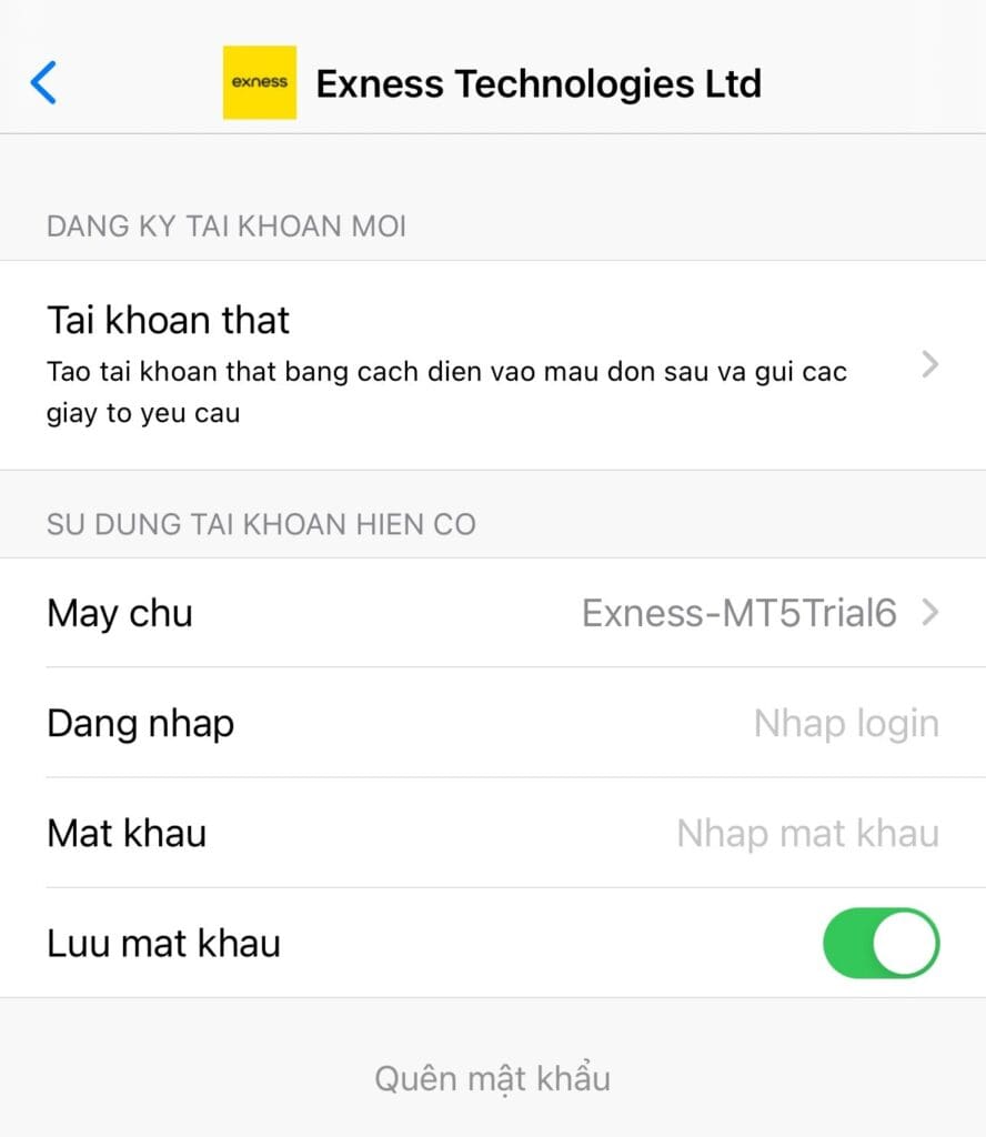 Đăng nhập tài khoản MT5 Exness trên điện thoại