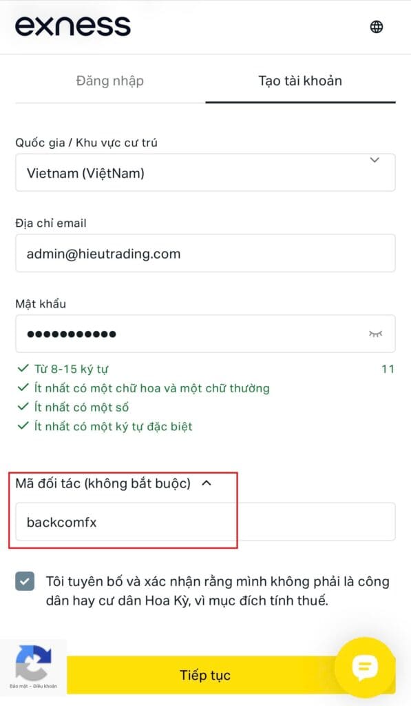 Mẫu đăng ký tài khoản exness nhận backcom
