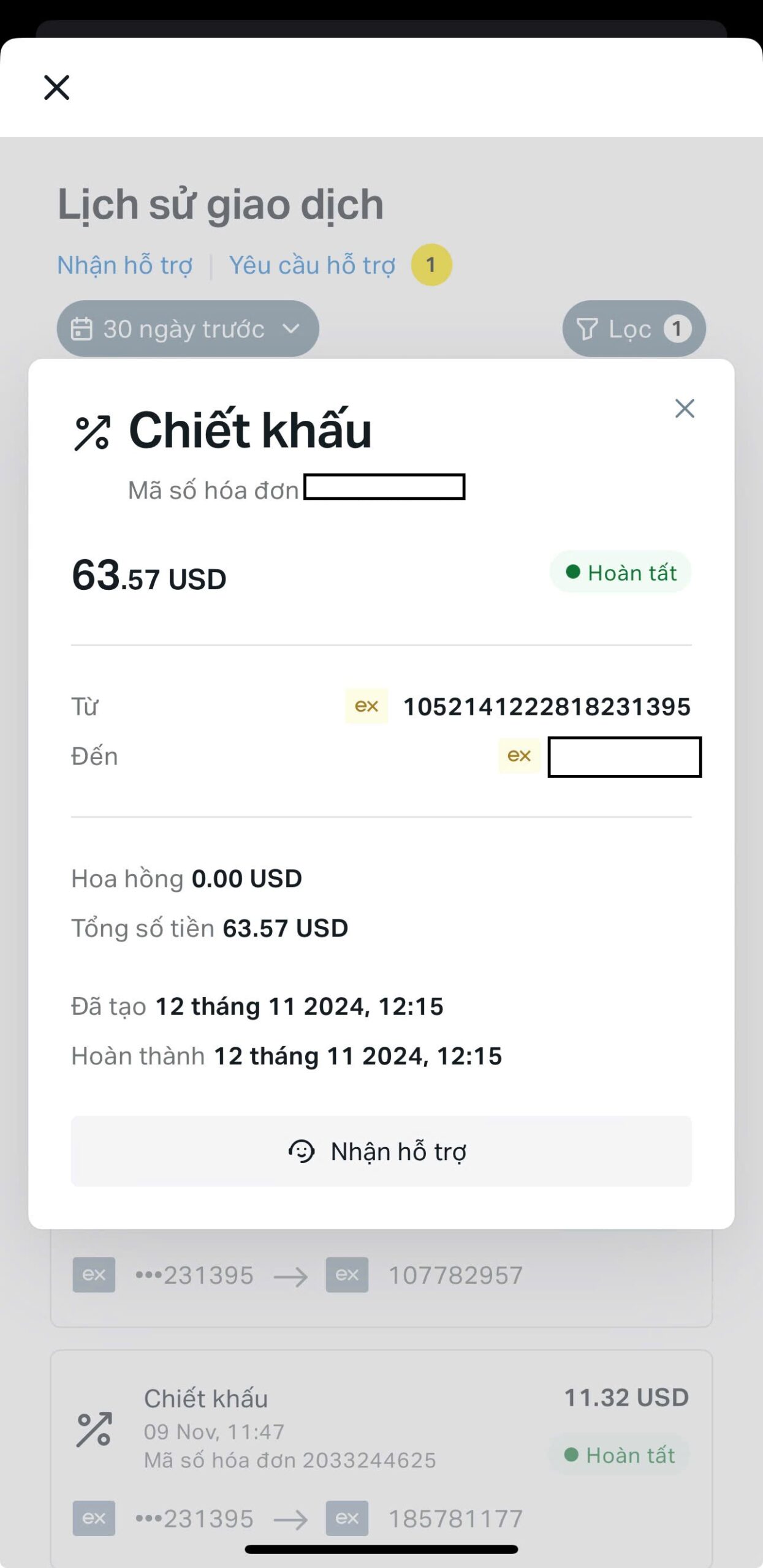 Lịch sử giao dịch nhận chiết khấu