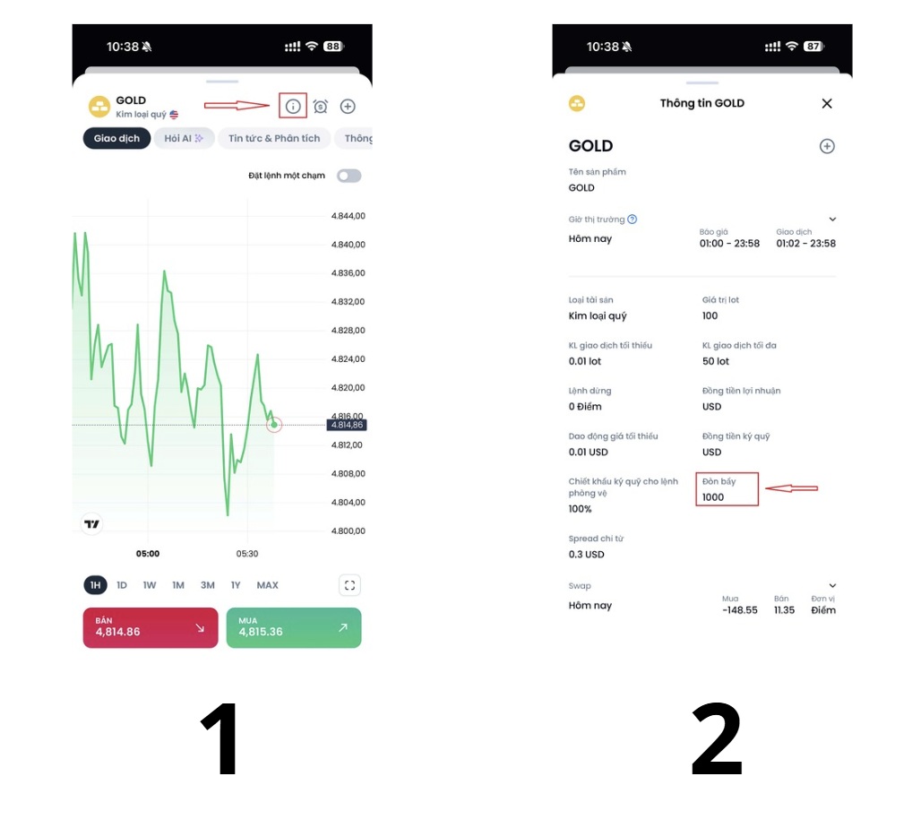 cách xem thông tin đòn bẩy trên app XM